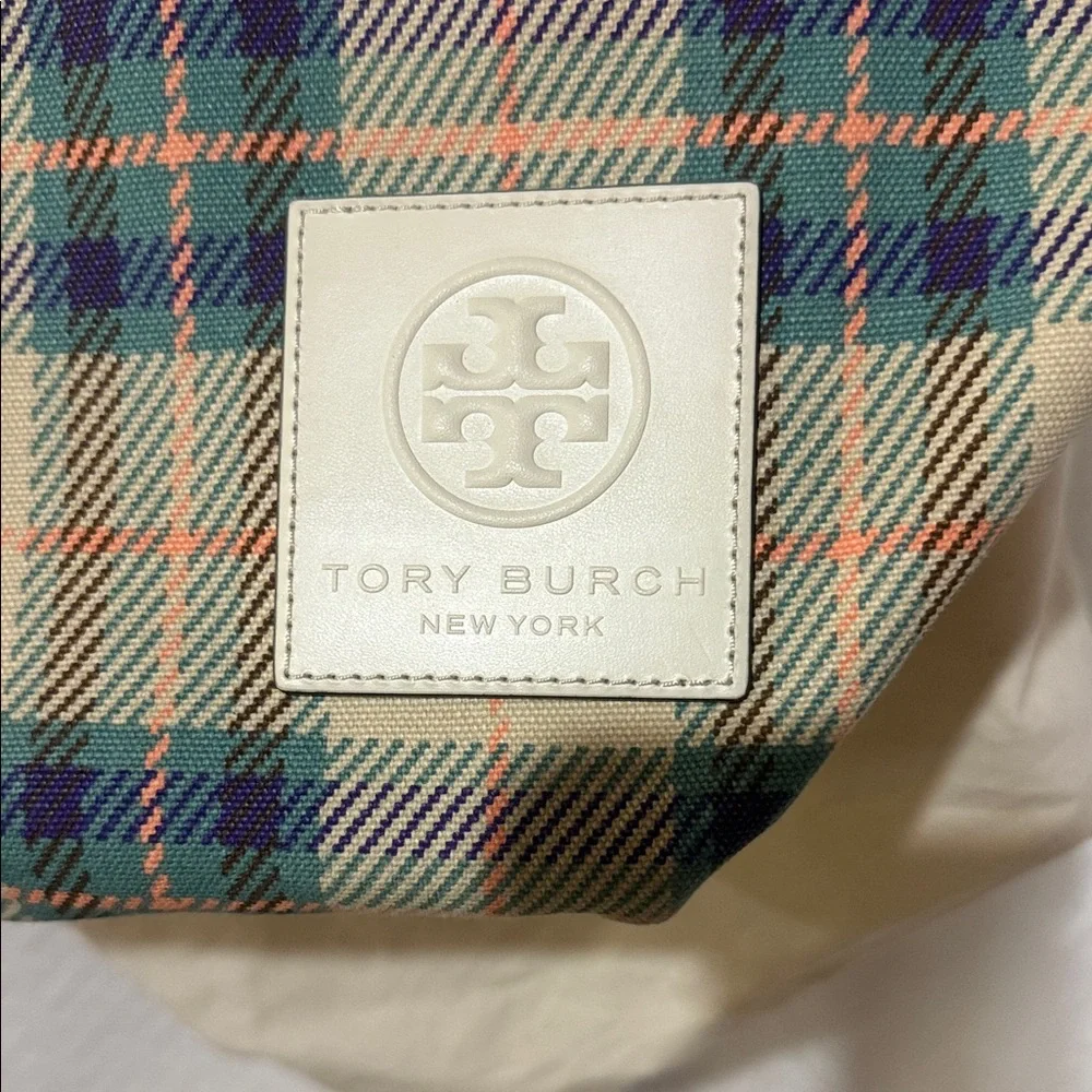 Tory Burch Beige and Blue Checkered Tote With Large Dust Bag - Picture 2 of 6